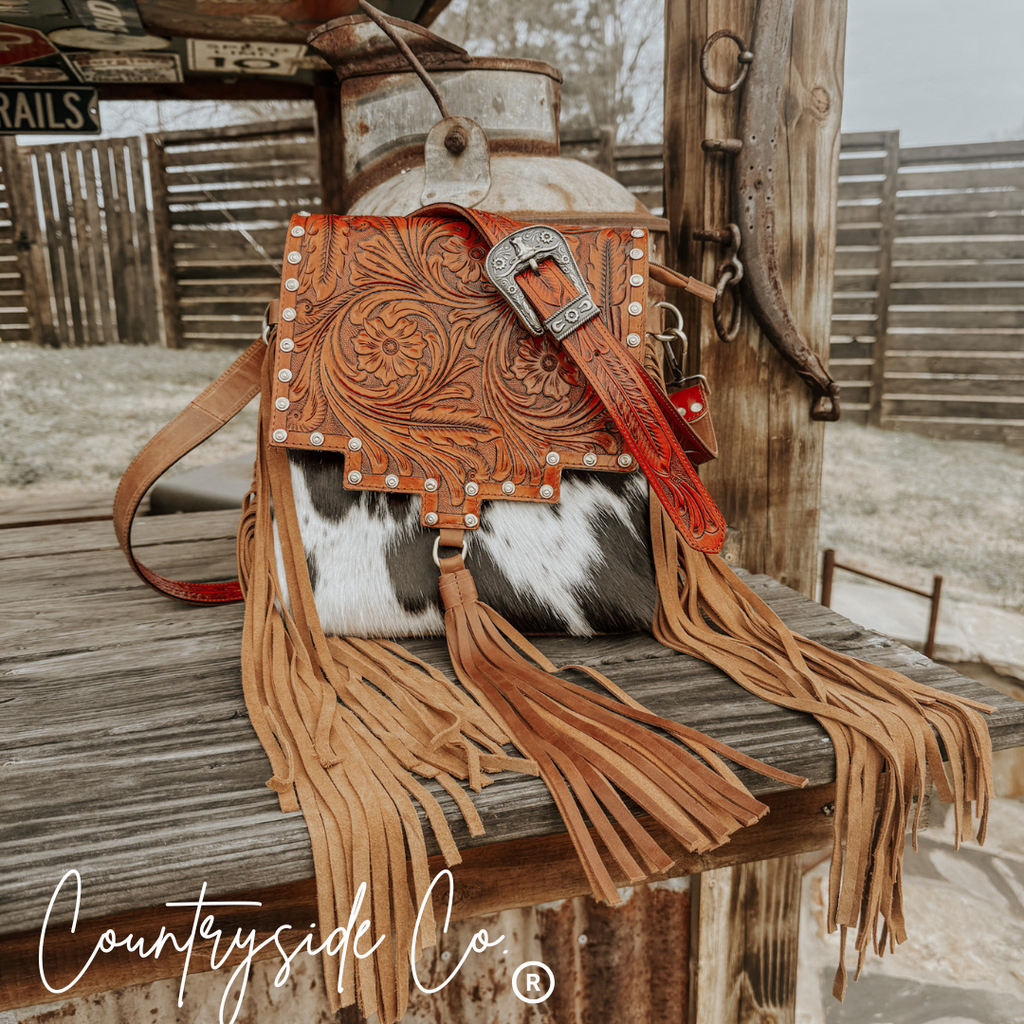 Chisholm Trail Cowhide and Tooled Leather Purse