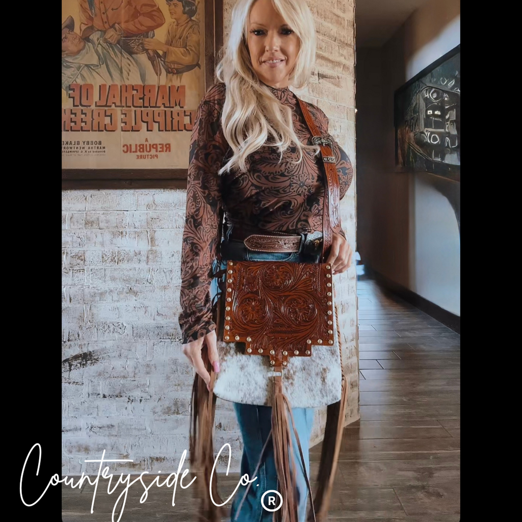 Chisholm Trail Cowhide and Tooled Leather Purse