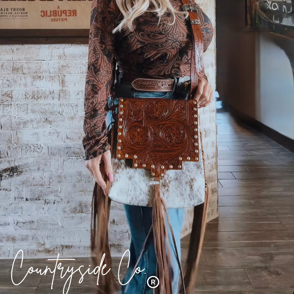 Chisholm Trail Cowhide and Tooled Leather Purse