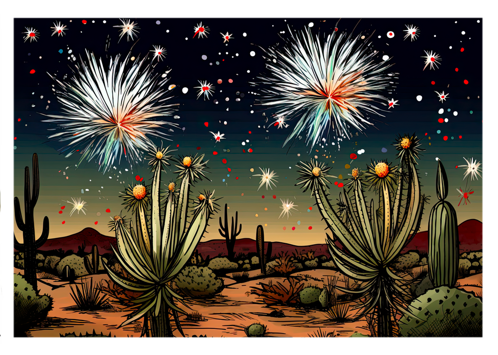 Desert Skyburst: New Year Celebration Greeting Card