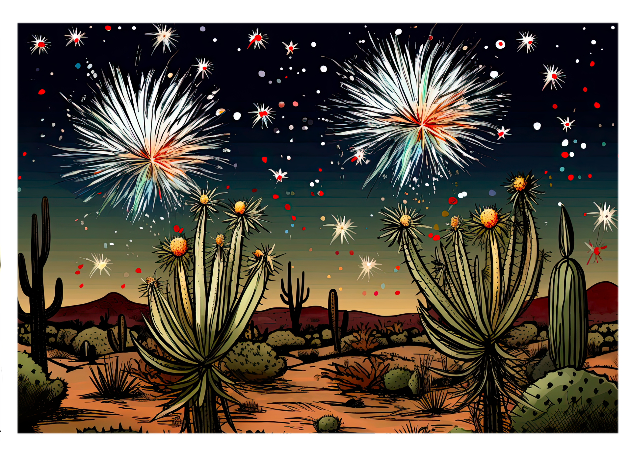 Desert Skyburst: New Year Celebration Greeting Card