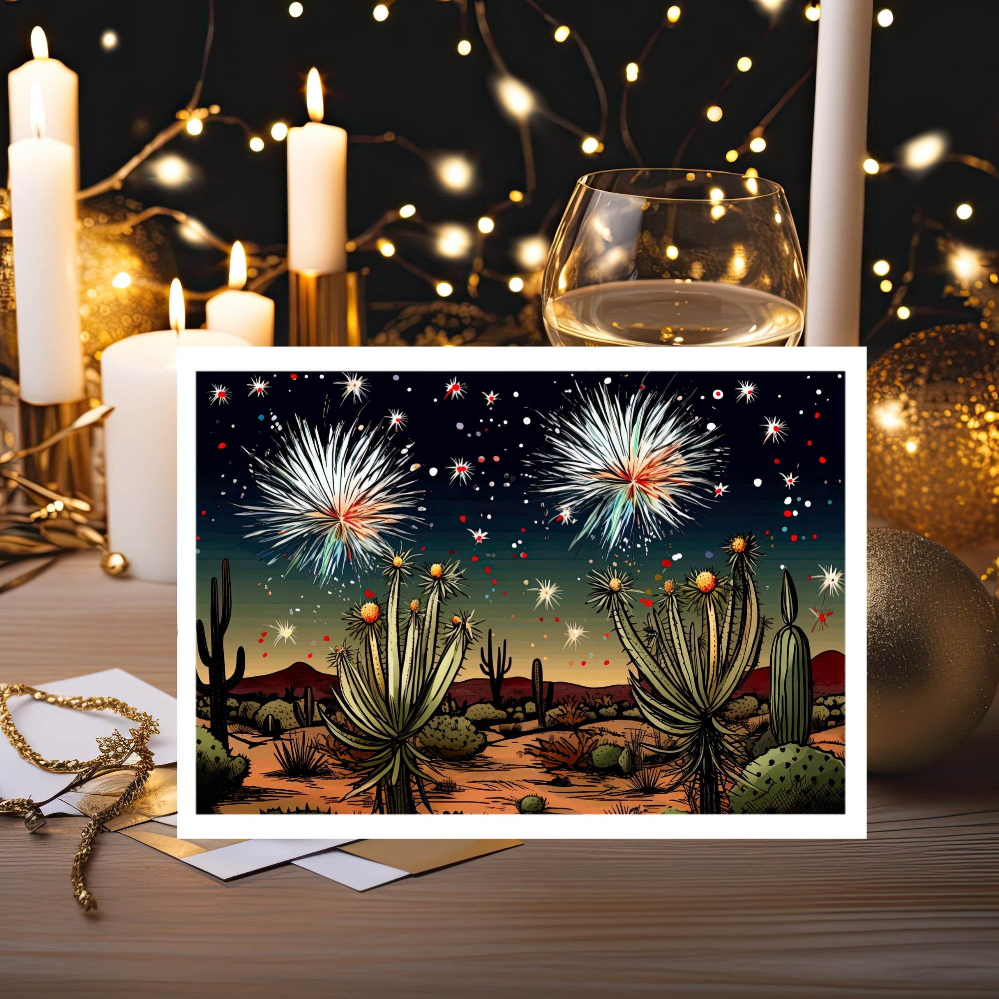 Desert Skyburst: New Year Celebration Greeting Card