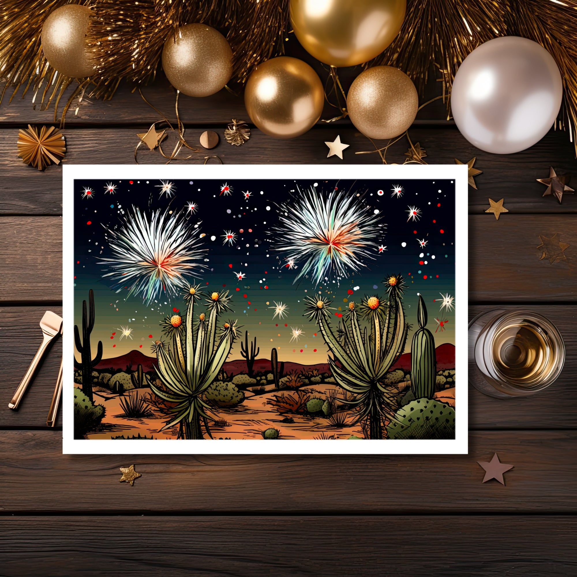 Desert Skyburst: New Year Celebration Greeting Card