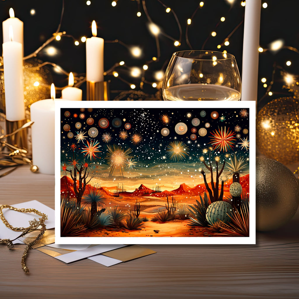 Desert Sky Spectacle: New Year Fireworks Greeting Card