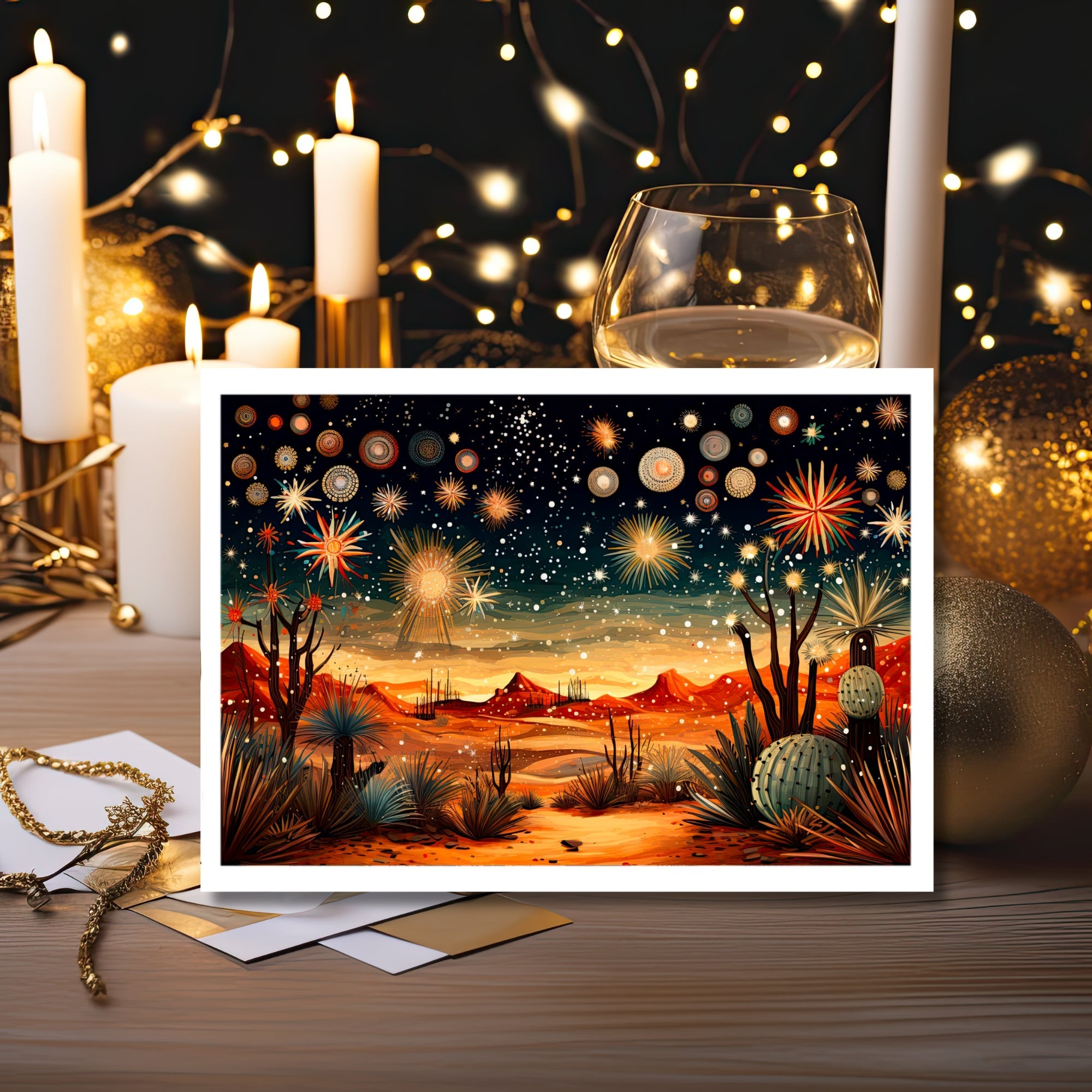 Desert Sky Spectacle: New Year Fireworks Greeting Card