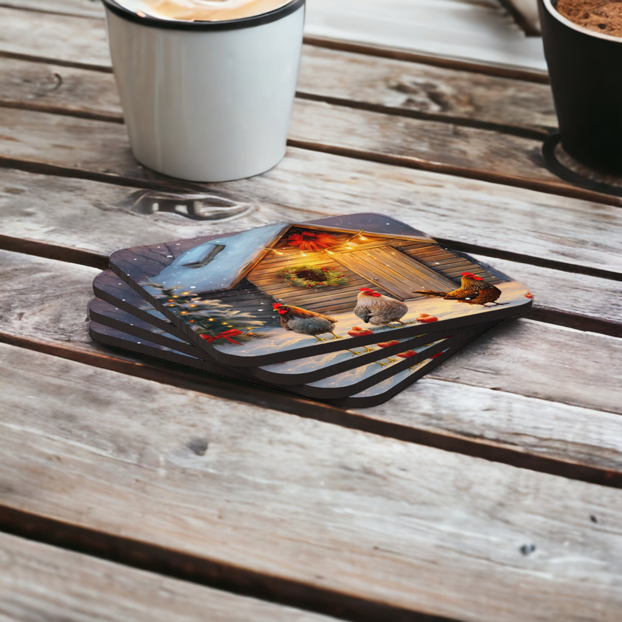 Chicken Farmhouse Holiday Coaster Set