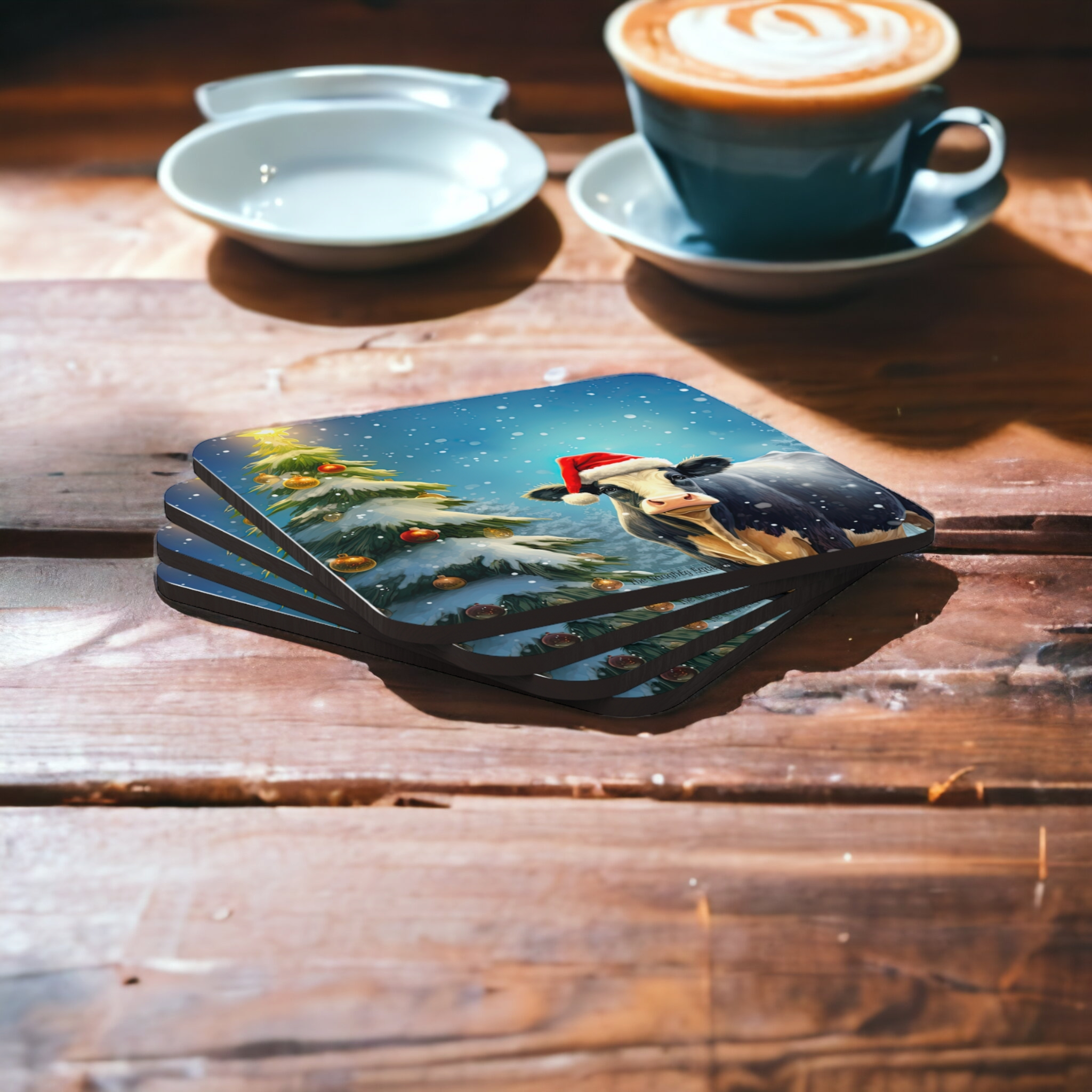 Santa Cow Farm Animal Holiday Christmas Coaster Set