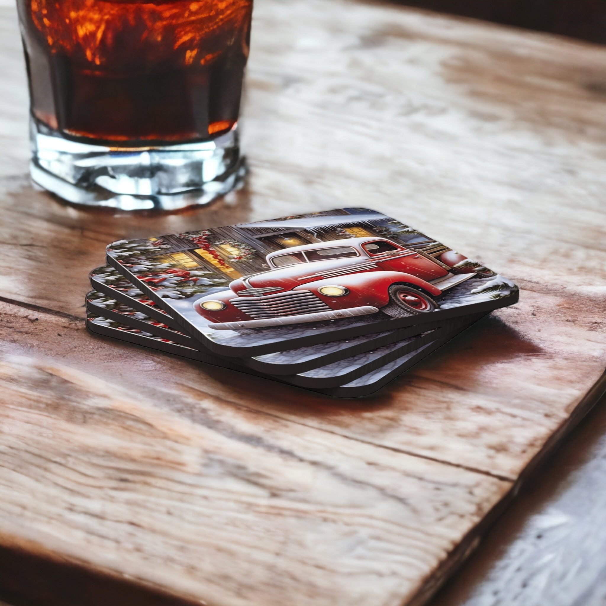 Farm Truck Holiday Christmas Coaster Set