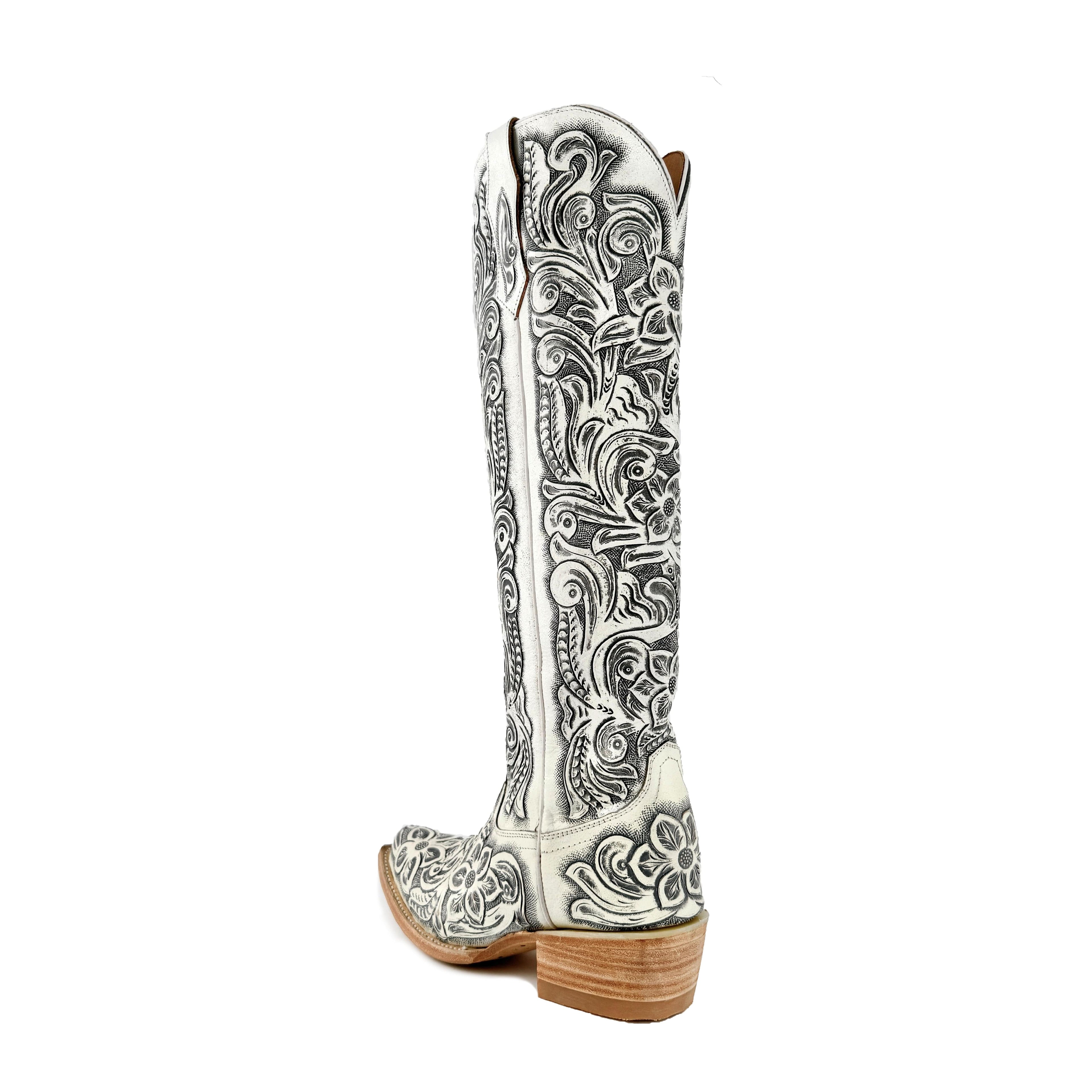 Women’s Hand-Tooled White Tall Cowboy Boots