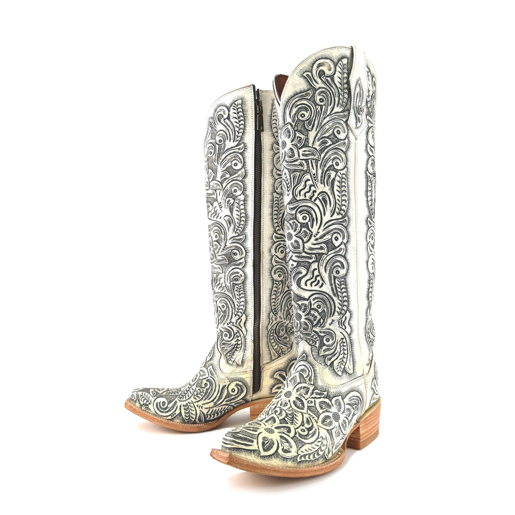 Women’s Hand-Tooled White Tall Cowboy Boots