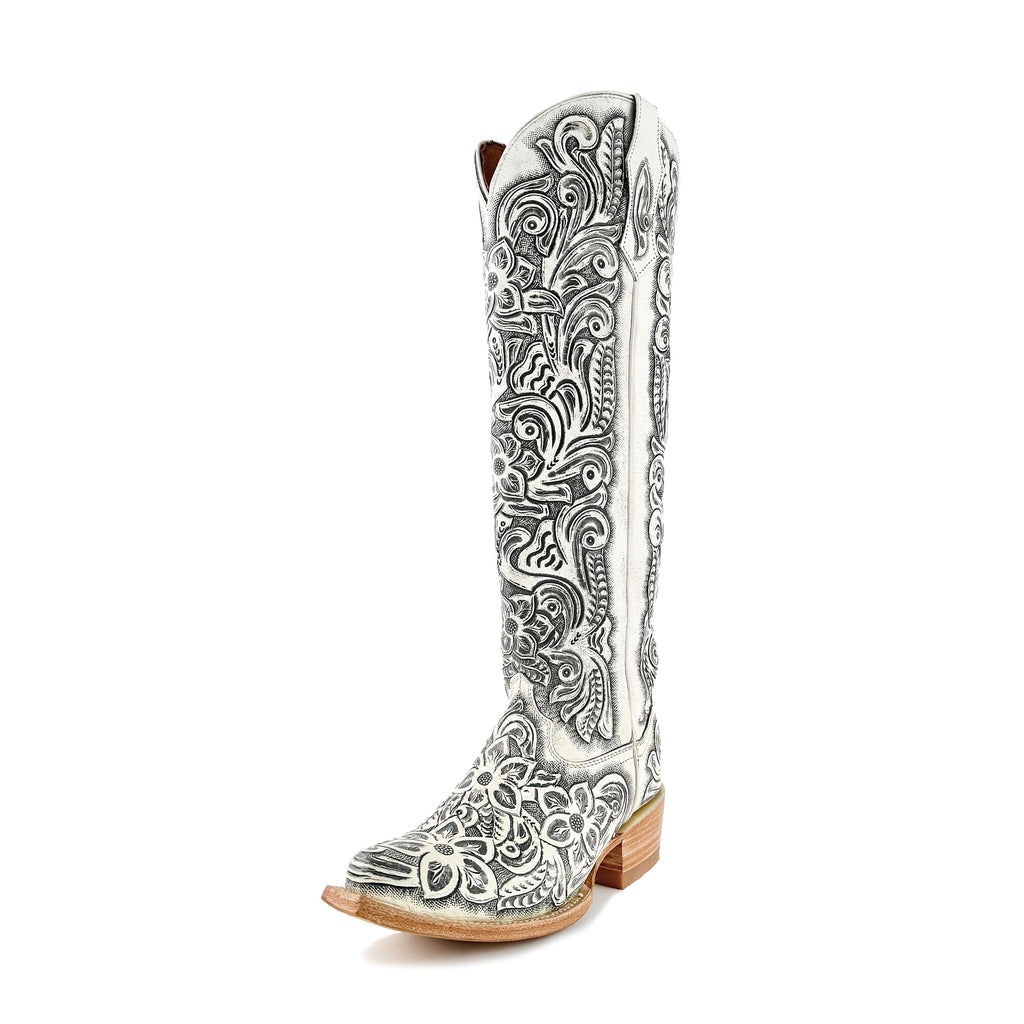 Women’s Hand-Tooled White Tall Cowboy Boots
