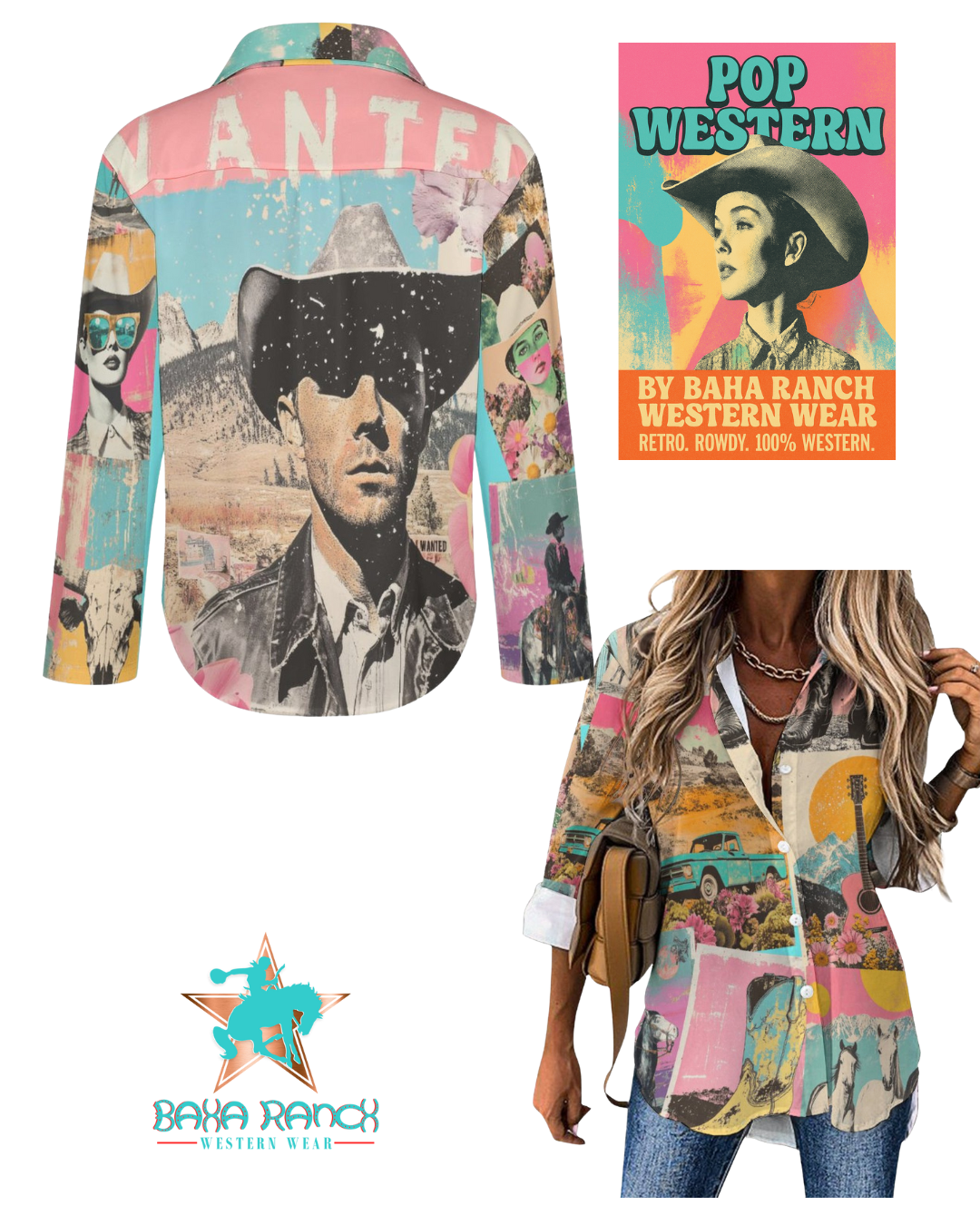 Baha Ranch Wanted Retro Pop Western Vintage Button Up Women's Shirt