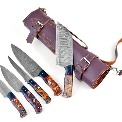 Titan’s Artisanal Mastery: Molten Amber Damascus Steel 5-Piece Kitchen Knife Set - TK-453