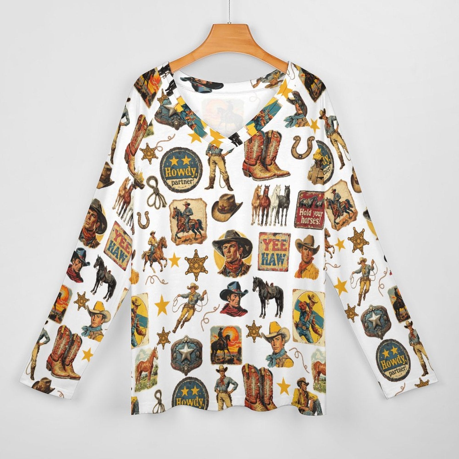 Baha Ranch Vintage Cowboy Collage Long Sleeve Top