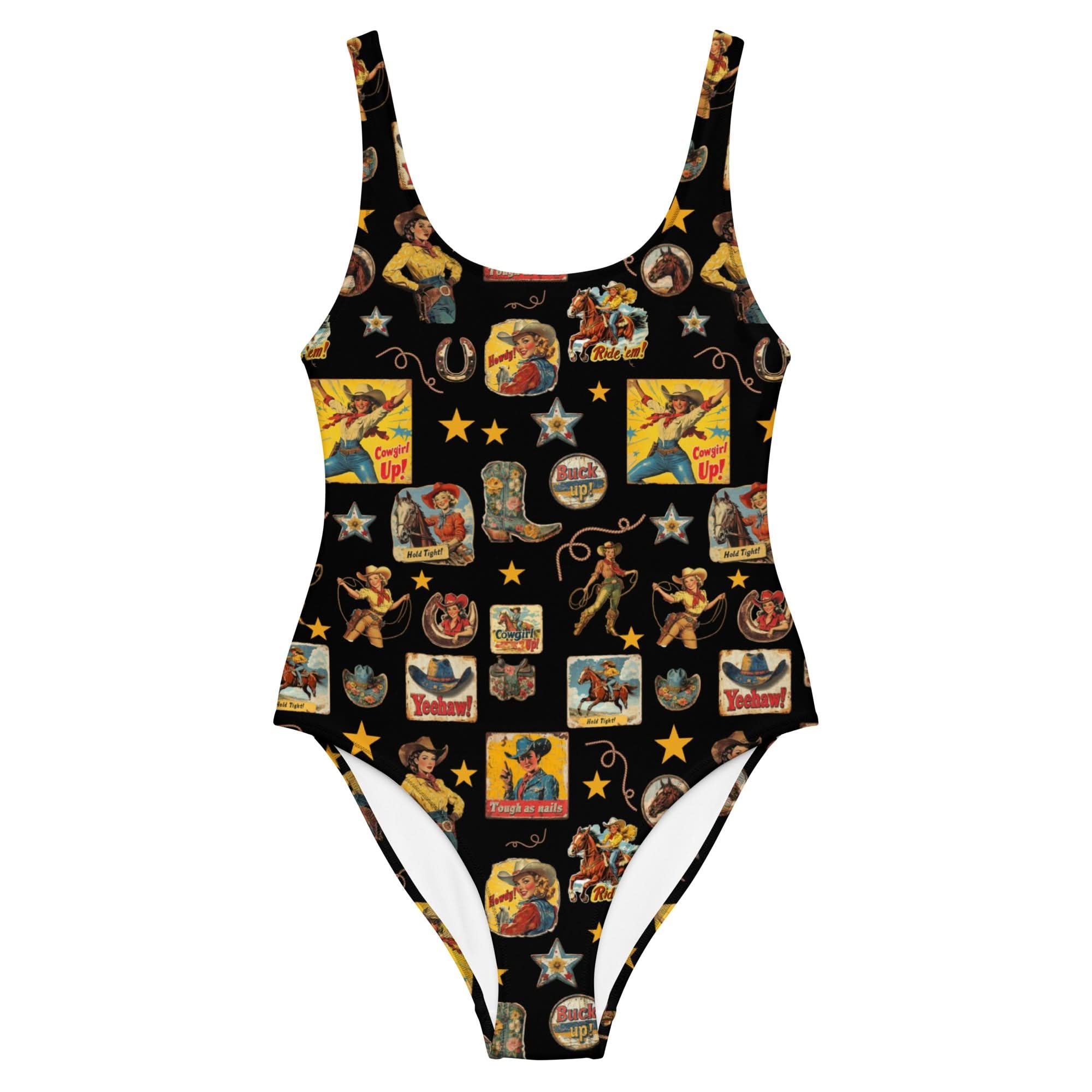 Yeehaw Vintage Cowgirl Collage One-Piece Swimsuit