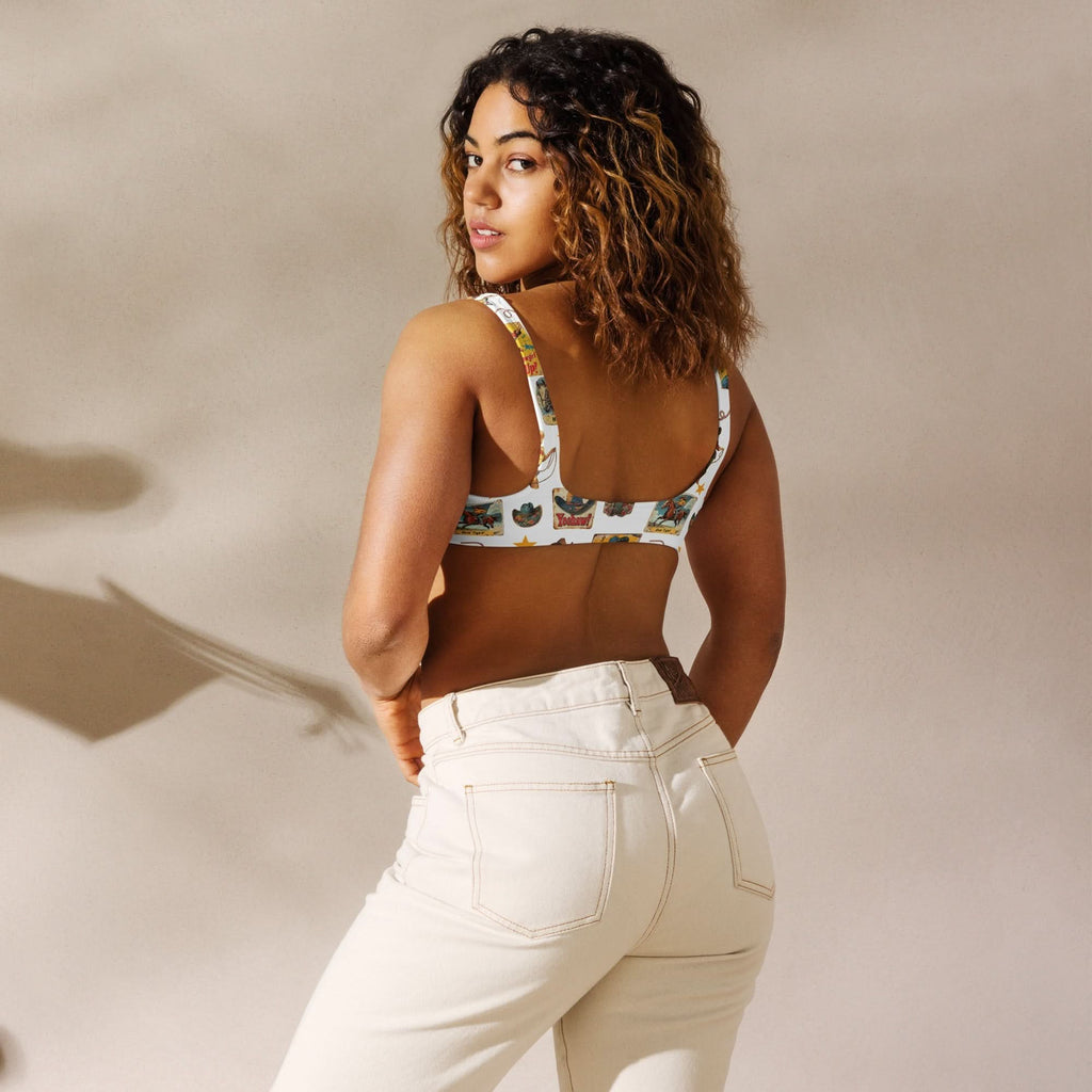 Yeehaw Vintage Cowgirl Collage White Bikini Top