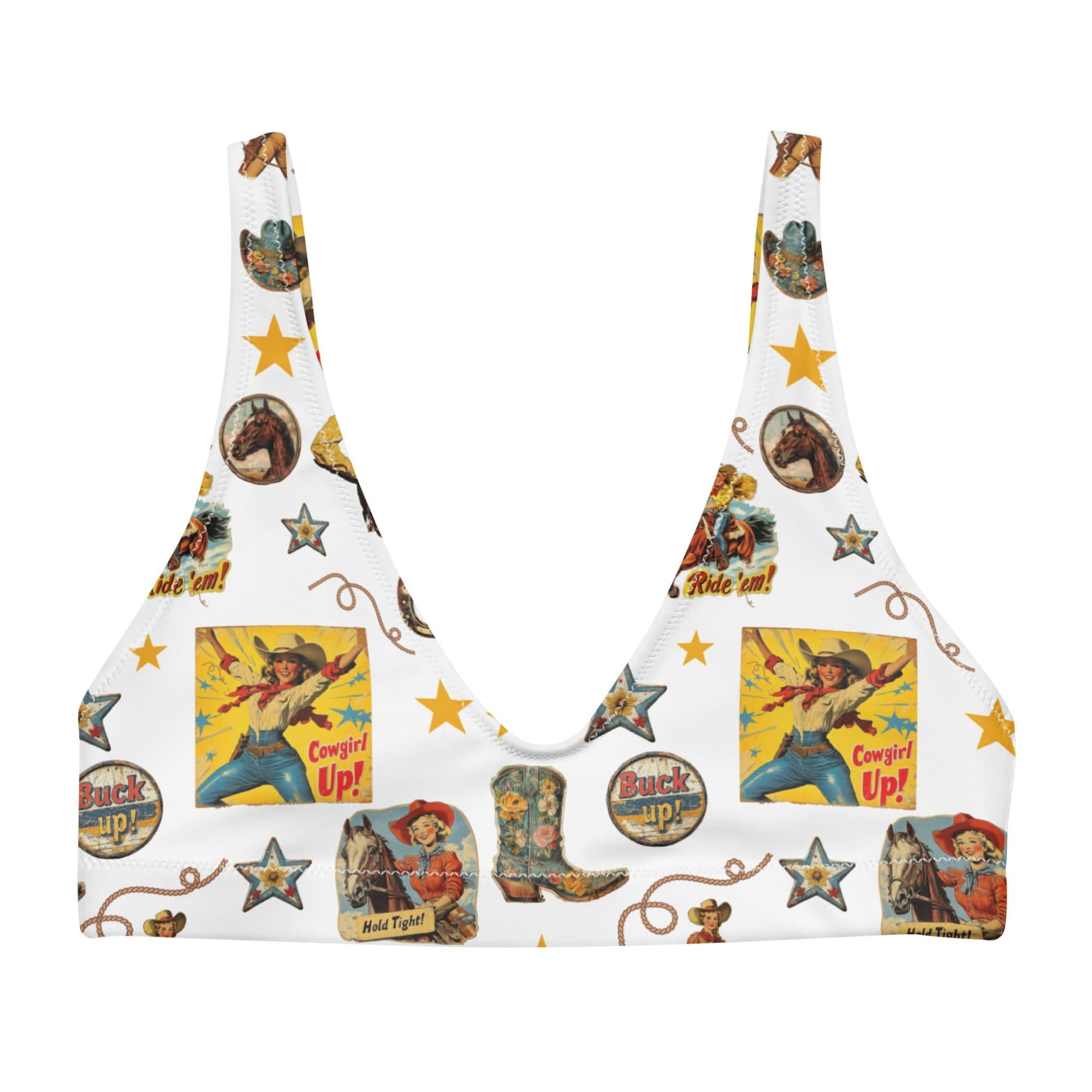 Yeehaw Vintage Cowgirl Collage White Bikini Top