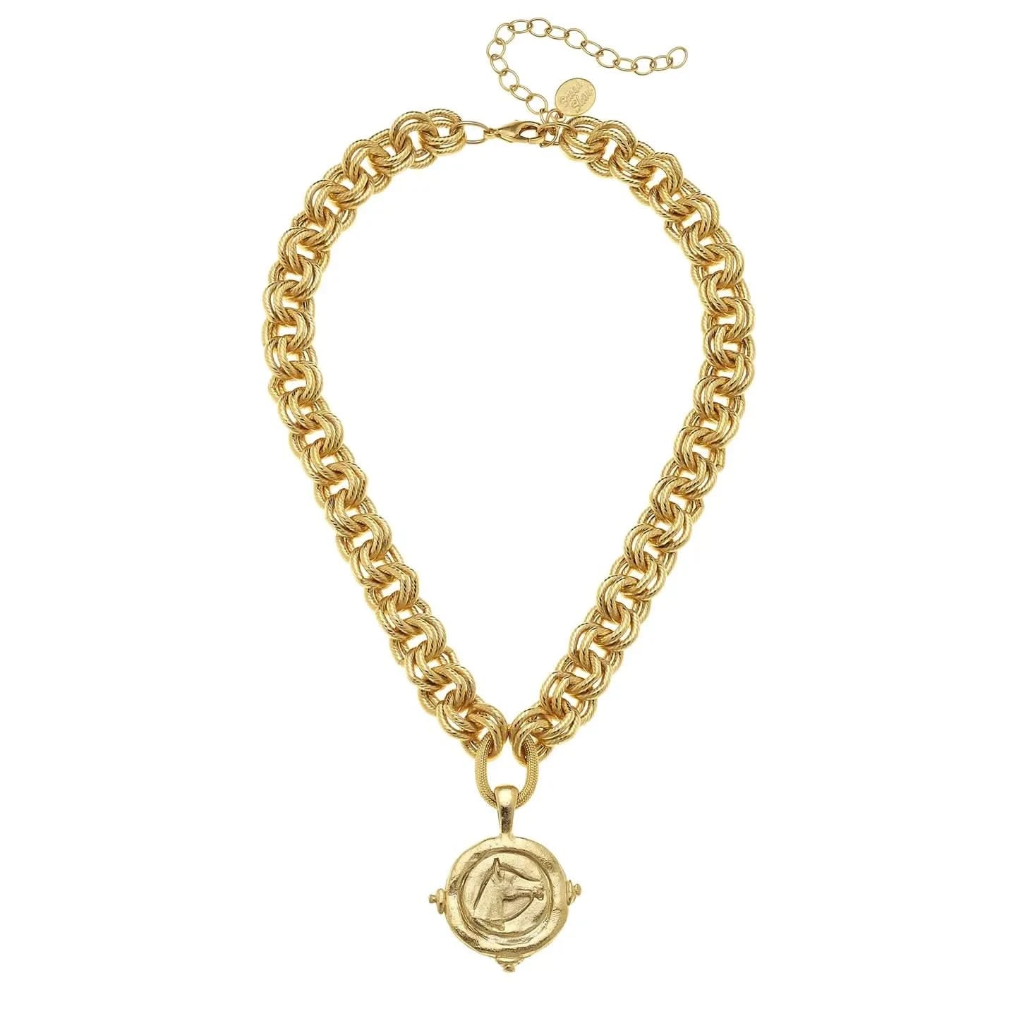 Gold Equestrian Intaglio Horse Head Necklace