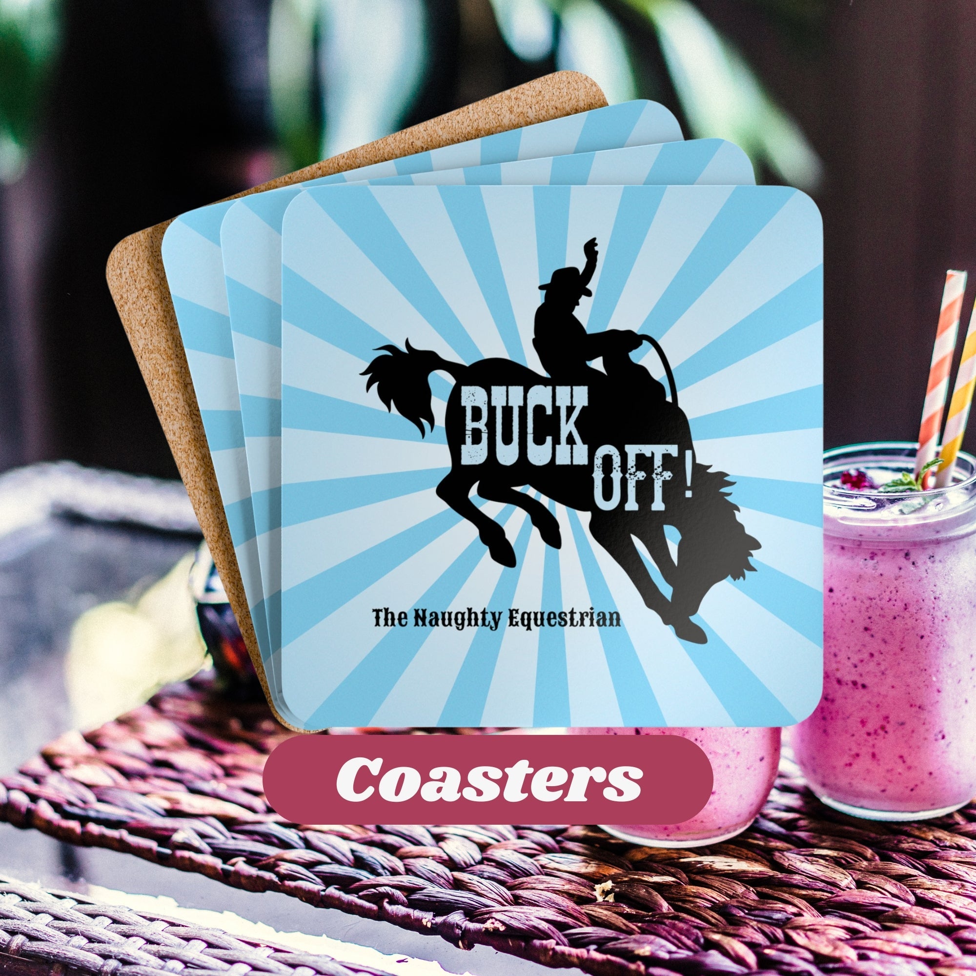 Blue Retro Buck Off Rodeo Coaster Set