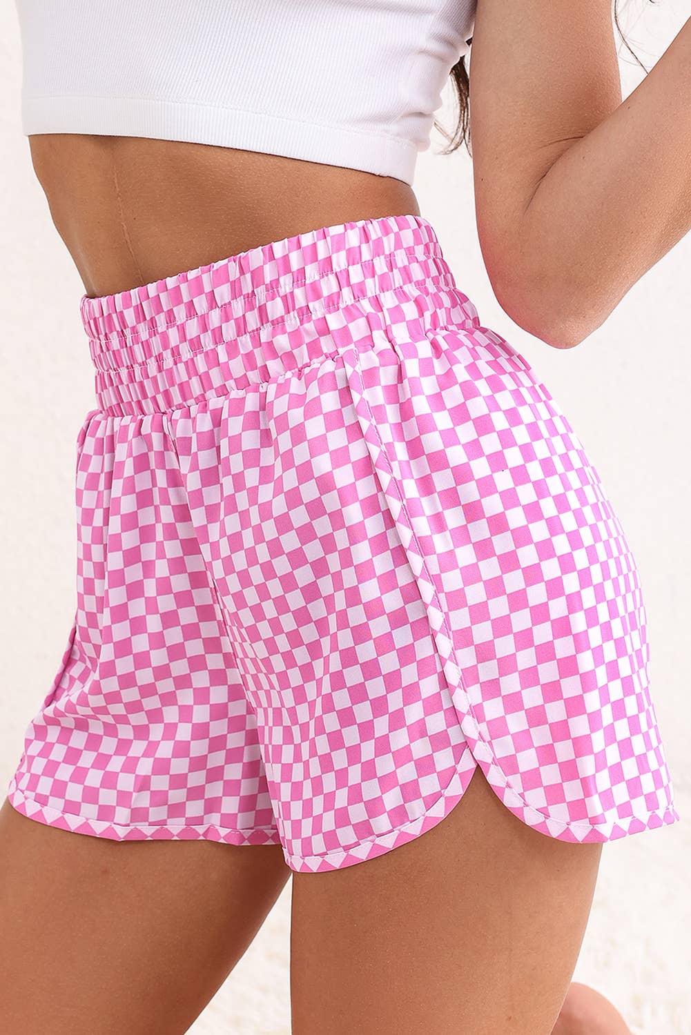 Pink Plaid High Waist Athletic Women's Shorts
