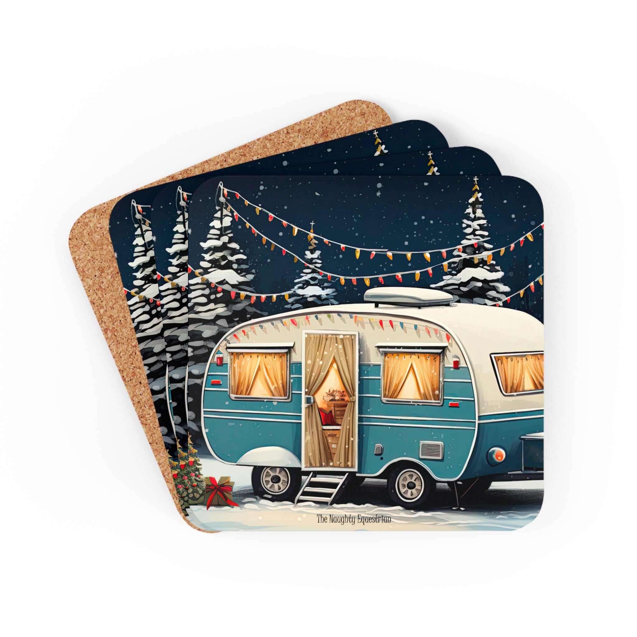 Camper Holiday Lights Christmas Coaster Set