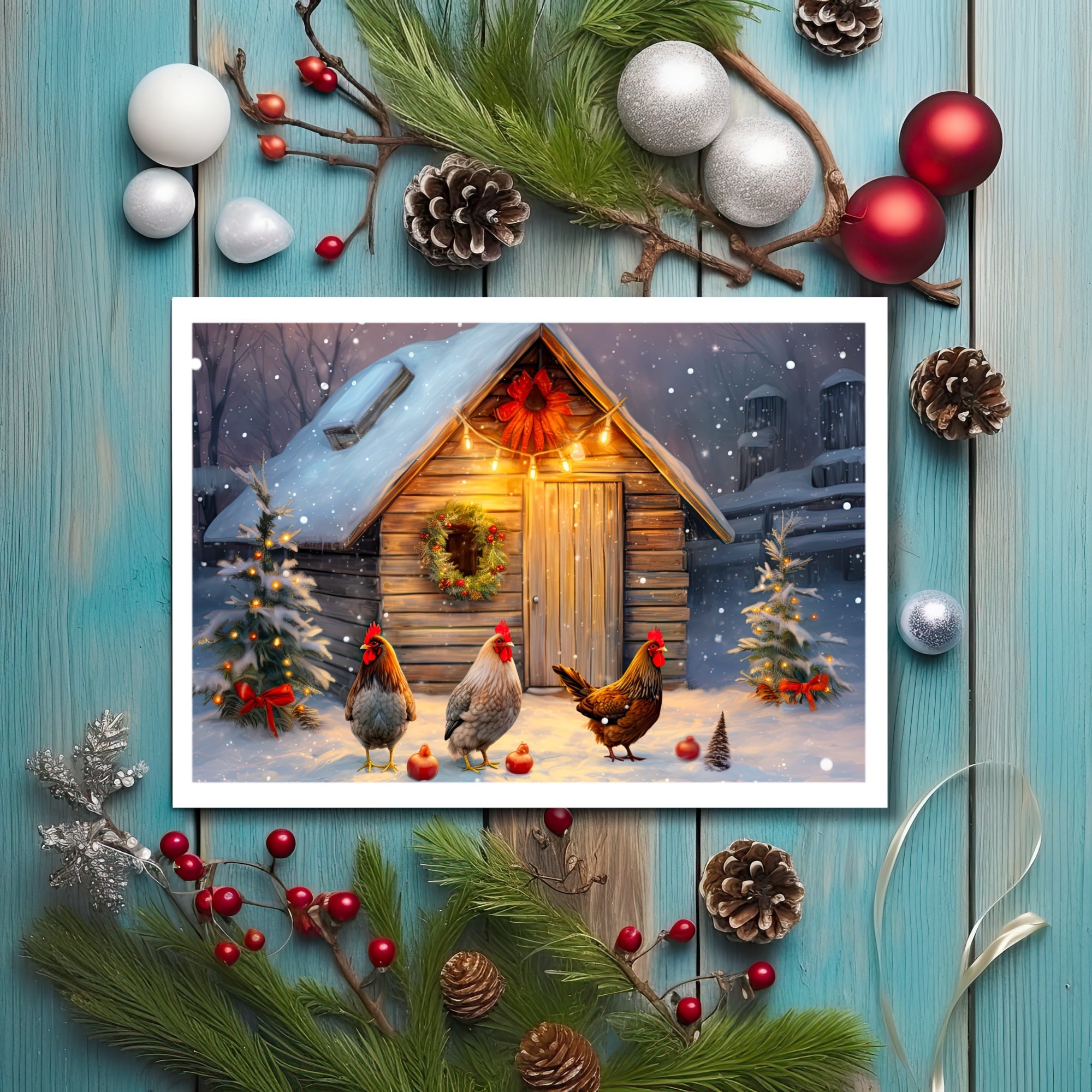 Fowl-iday Cheer! Festive Chicken Farmhouse Christmas Greeting Card
