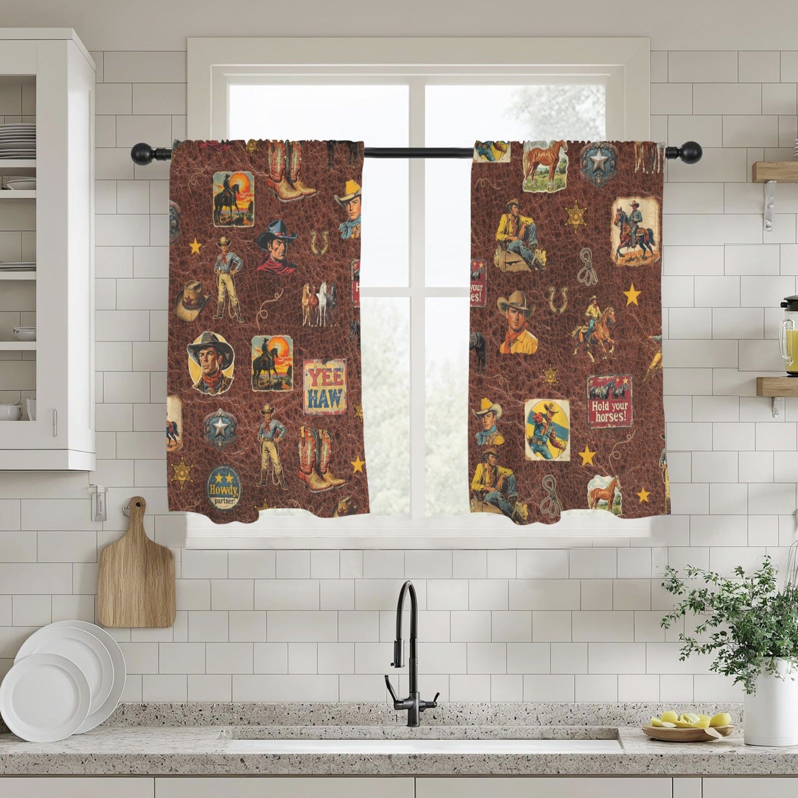 Vintage Cowboy Collage Western Curtains 28" x 40" Made in America