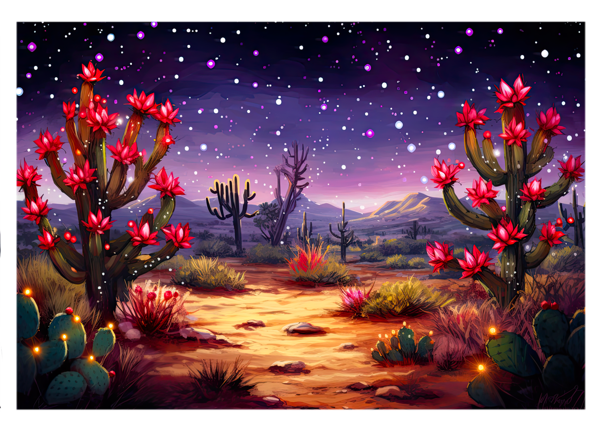 Purple Hues Oasis: Desert Cactus Twinkling Stars Greeting Card