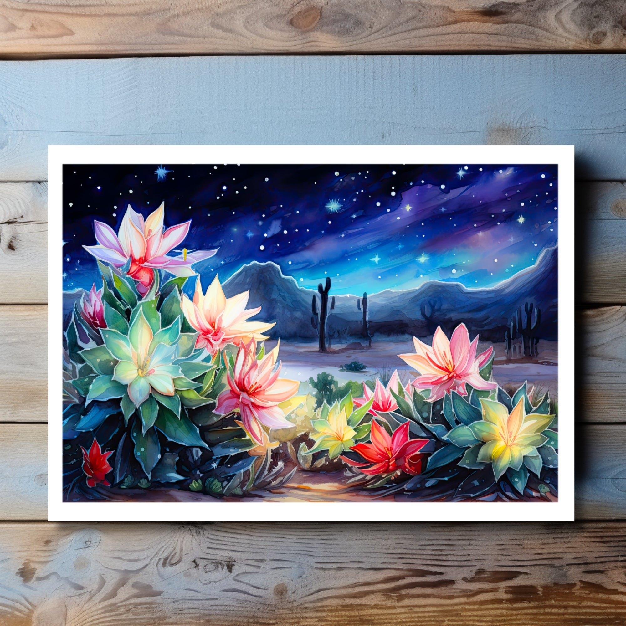 Midnight Bloom: Desert Cactus Night Sky Greeting Card