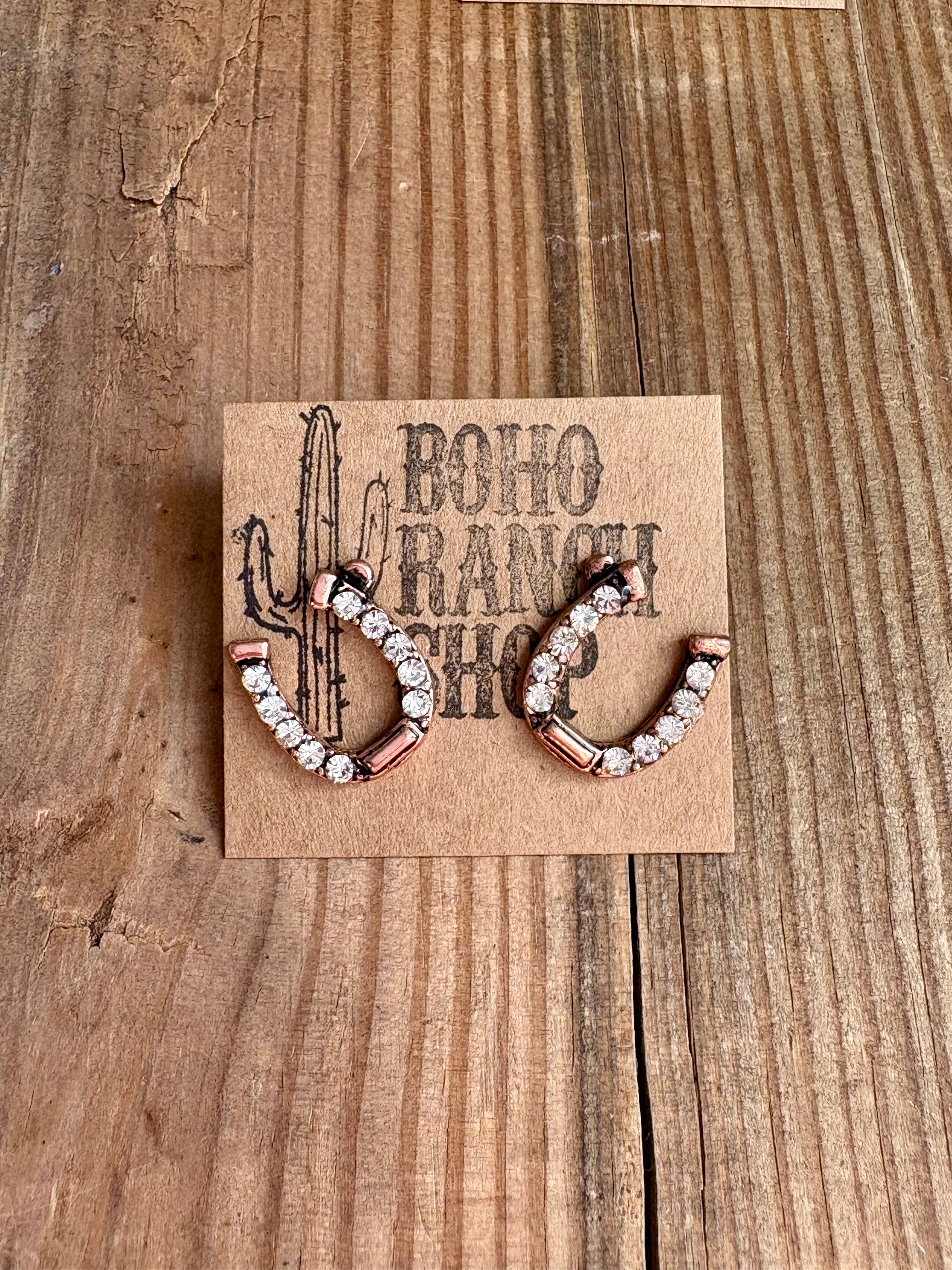 Western Horseshoe Stud Rhinestone Earrings