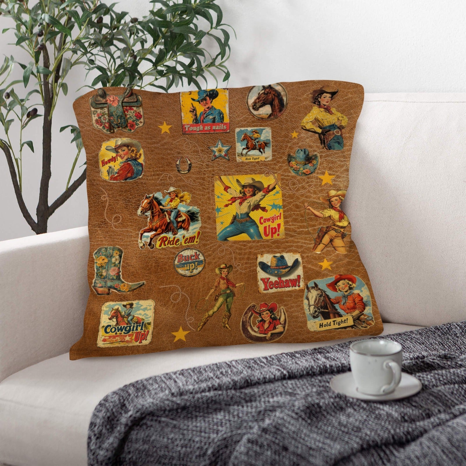 Vintage Cowgirl Collage Square Pillow Case 18x18 Made in America
