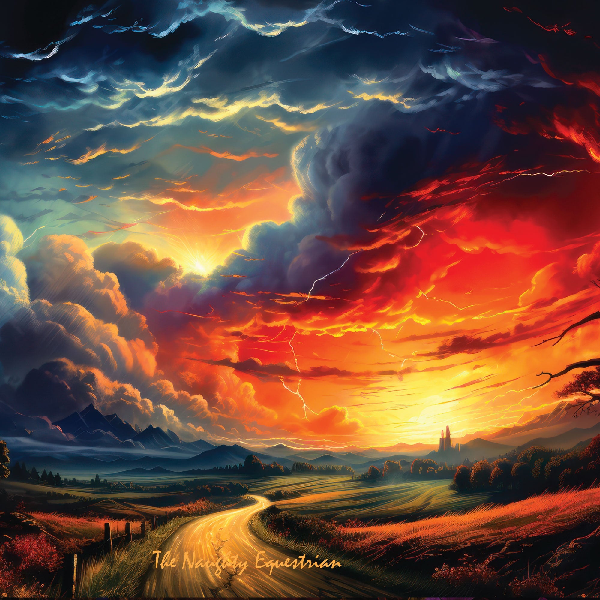 Embracing the Storm: The Road Home Beneath the Fiery Sunset Coaster Set