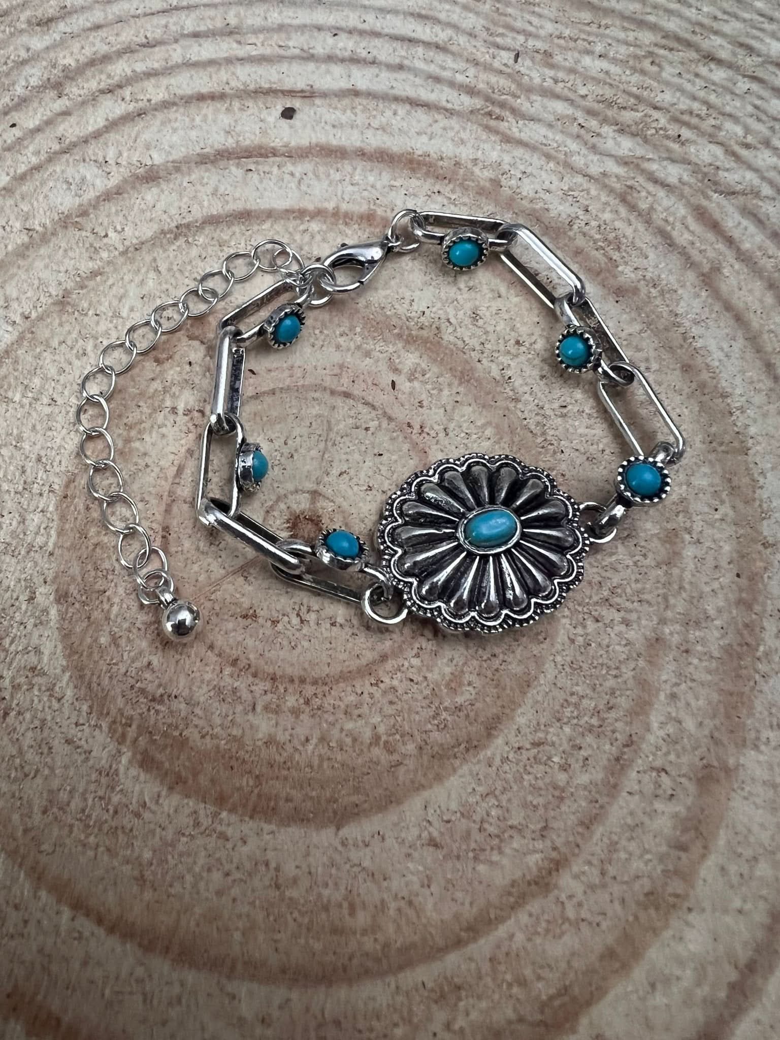 Soldered Faux Turquoise Chain Concho Bracelet with 3 inch extender
