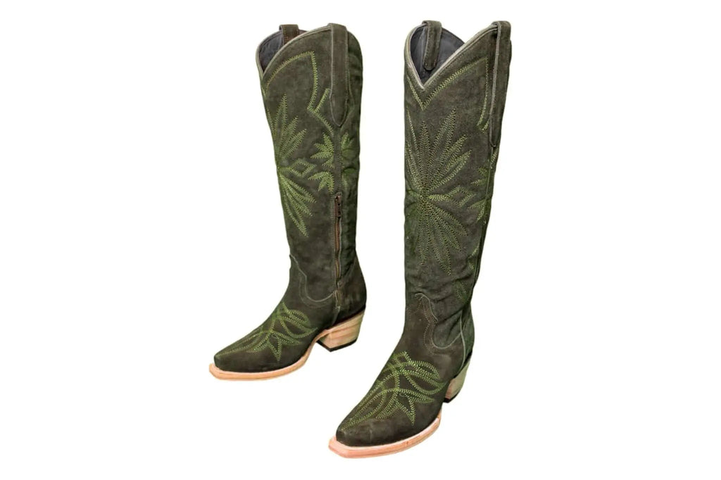 The Lorraine Knee-High Western Boots – Olive Suede
