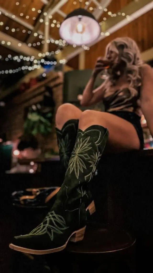 The Lorraine Knee-High Western Boots – Olive Suede
