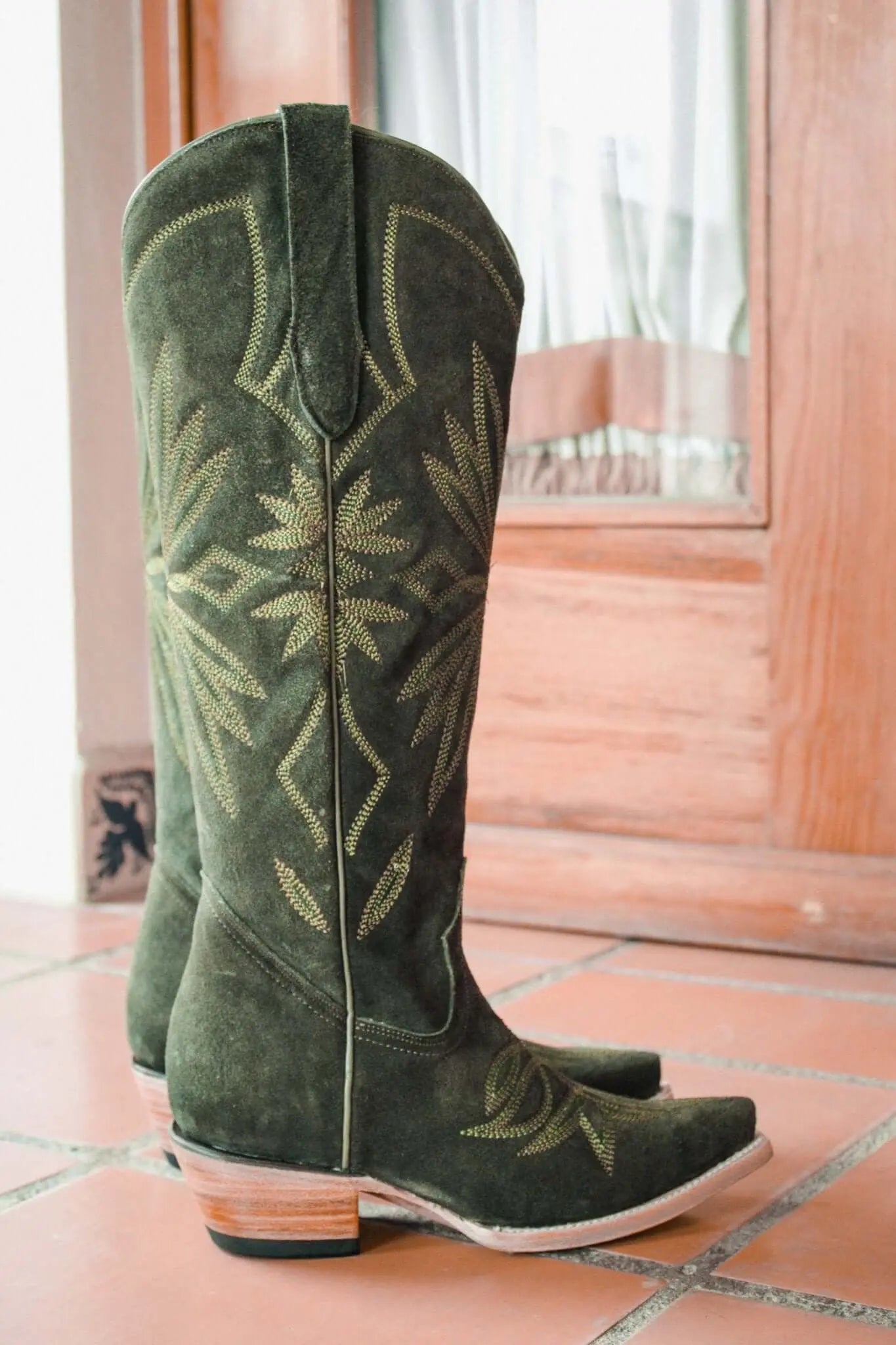 The Lorraine Knee-High Western Boots – Olive Suede