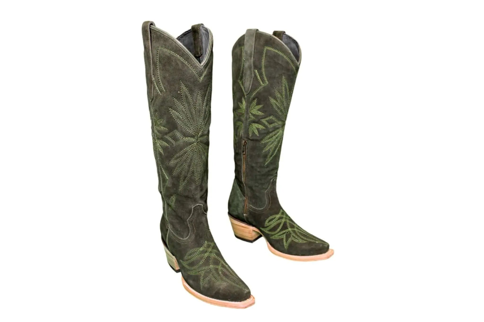 The Lorraine Knee-High Western Boots – Olive Suede
