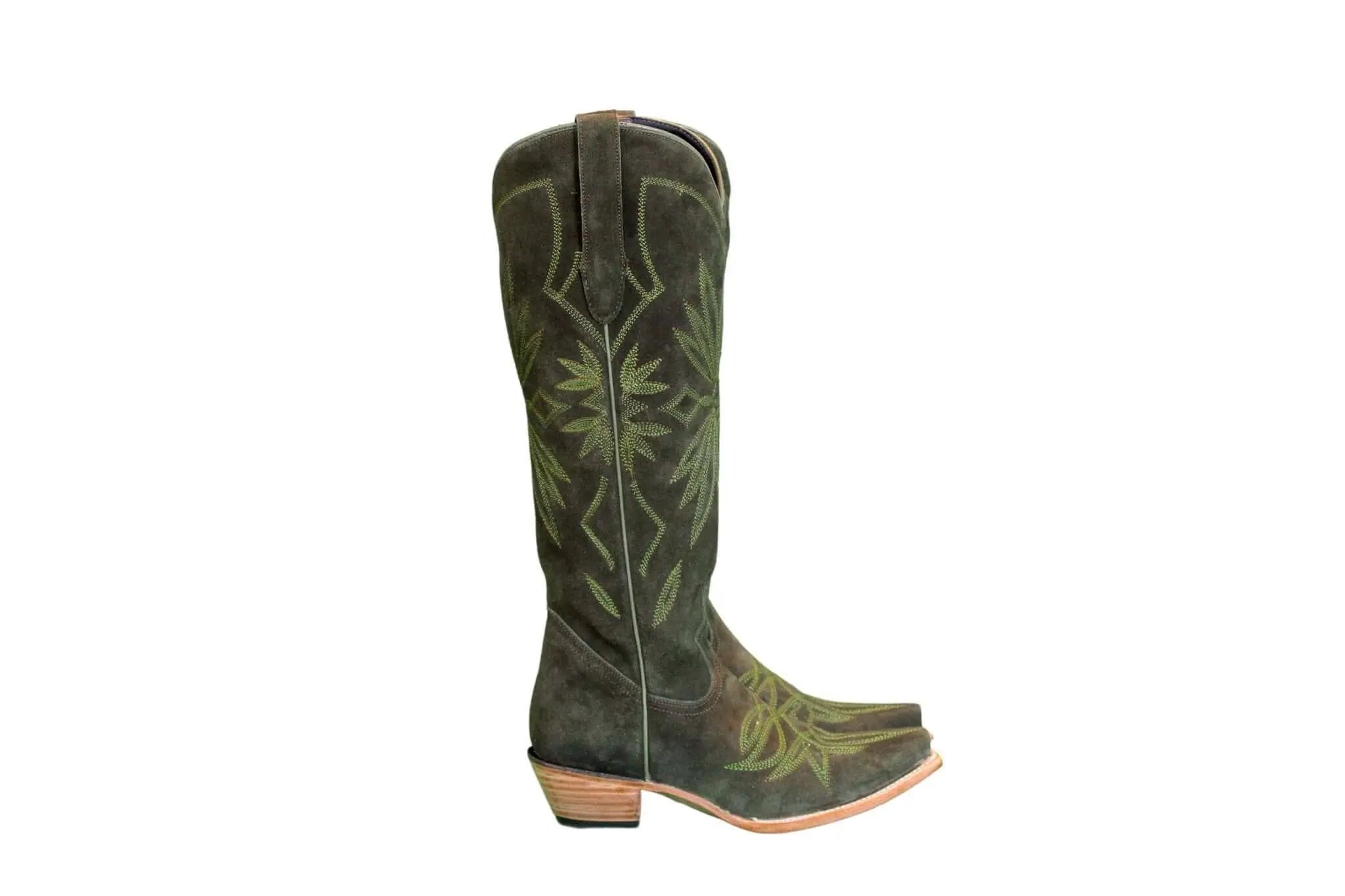 The Lorraine Knee-High Western Boots – Olive Suede