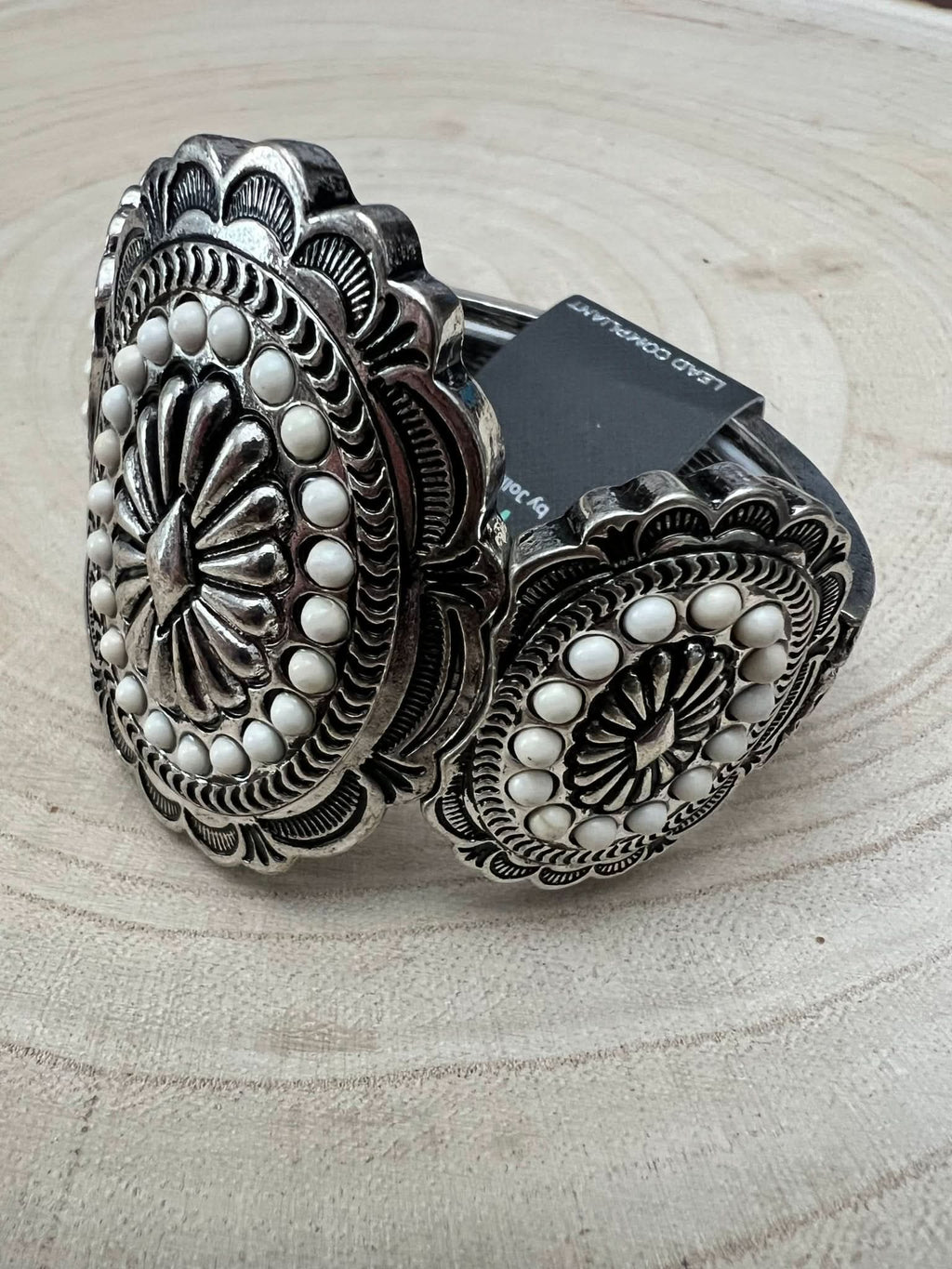 Western Concho and White Stone Faux Wide Statement Stretch Bracelet